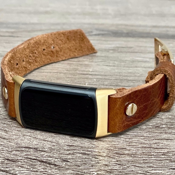 Brown Grain Leather Gold Jewelry Fitbit Charge 5 Band Women Strap Bracelet - Picture 2 of 8
